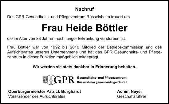 Traueranzeige von Heide Böttler von Rüsselsheimer Echo