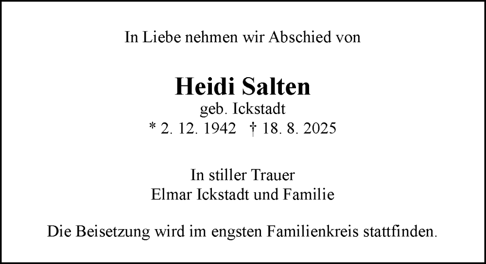  Traueranzeige für Heidi Salten vom 23.08.2025 aus Allgemeine Zeitung Mainz