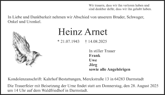 Traueranzeige von Heinz Arnet von Darmstädter Echo