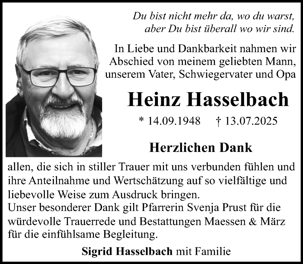  Traueranzeige für Heinz Hasselbach vom 09.08.2025 aus Binger-/Ingelheimer Wochenblatt