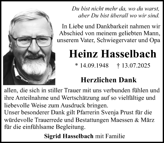 Traueranzeige von Heinz Hasselbach von Binger-/Ingelheimer Wochenblatt