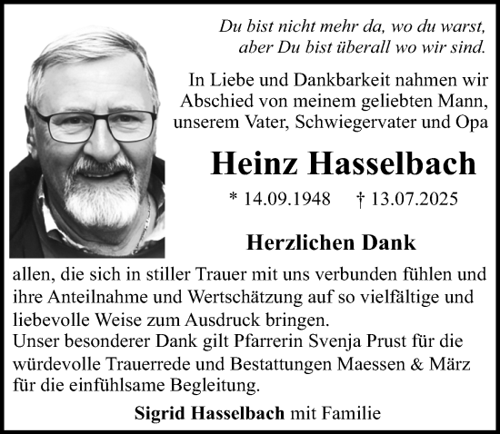 Traueranzeige von Heinz Hasselbach von Allgemeine Zeitung Rheinhessen-Nahe