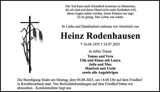 Traueranzeige von Heinz Rodenhausen von Odenwälder Echo