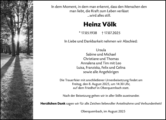 Traueranzeige von Heinz Völk von Wetzlarer Neue Zeitung