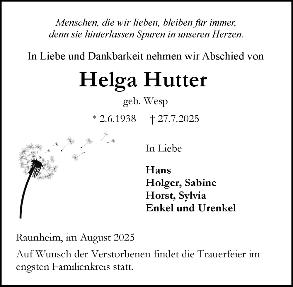  Traueranzeige für Helga Hutter vom 09.08.2025 aus Rüsselsheimer Echo