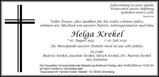 Traueranzeige von Helga Krekel von Allgemeine Zeitung Rheinhessen-Nahe