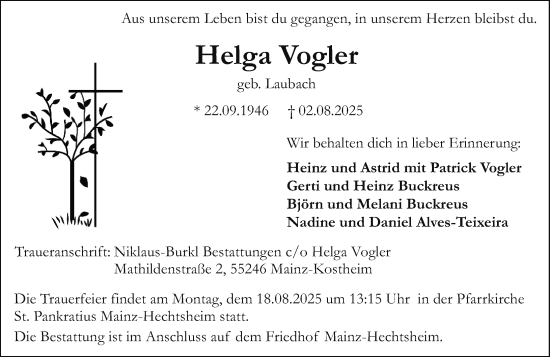 Traueranzeige von Helga Vogler von Allgemeine Zeitung Mainz