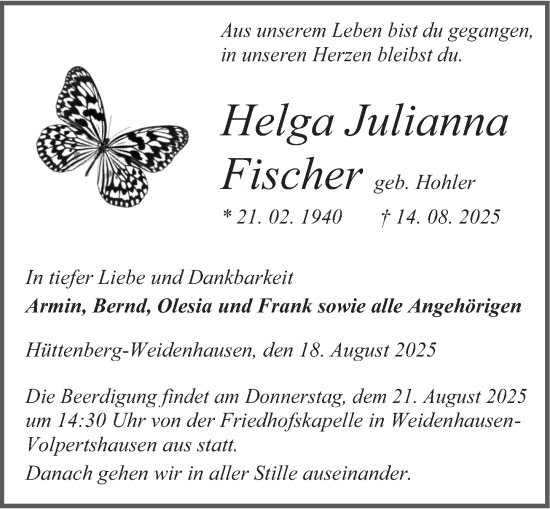 Traueranzeige von Helga Julianna Fischer von Wetzlarer Neue Zeitung