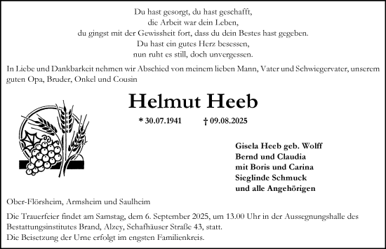 Traueranzeige von Helmut Heeb von Allgemeine Zeitung Alzey