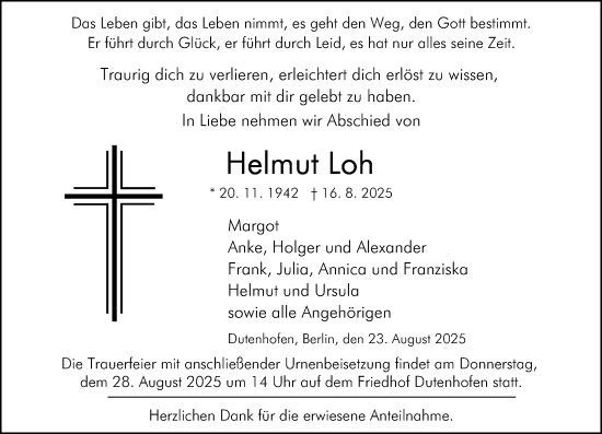 Traueranzeige von Helmut Loh von Wetzlarer Neue Zeitung