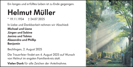 Traueranzeige von Helmut Müller von Wetzlarer Neue Zeitung