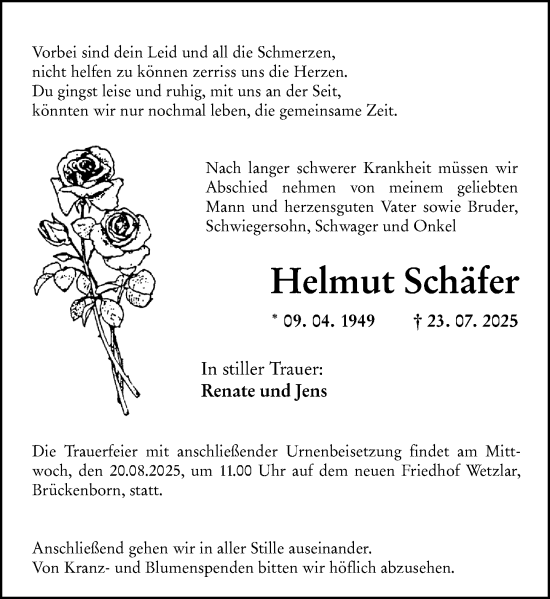 Traueranzeige von Helmut Schäfer von Wetzlarer Neue Zeitung