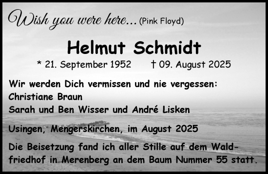 Traueranzeige von Helmut Schmidt von Weilburger Tageblatt