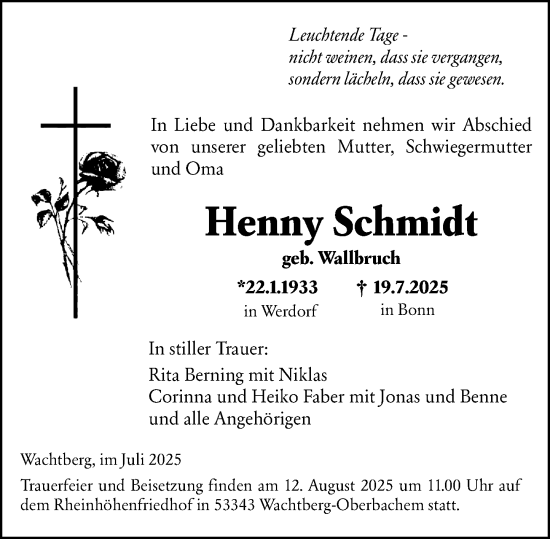 Traueranzeige von Henny Schmidt von Wetzlarer Neue Zeitung