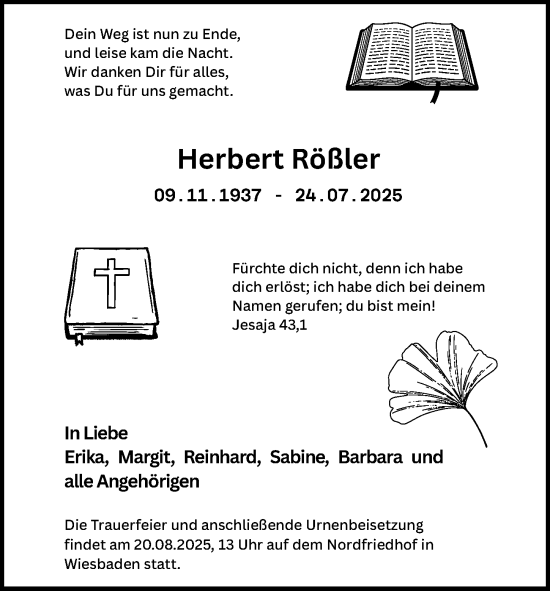 Traueranzeige von Herbert Rößler von Wiesbadener Kurier