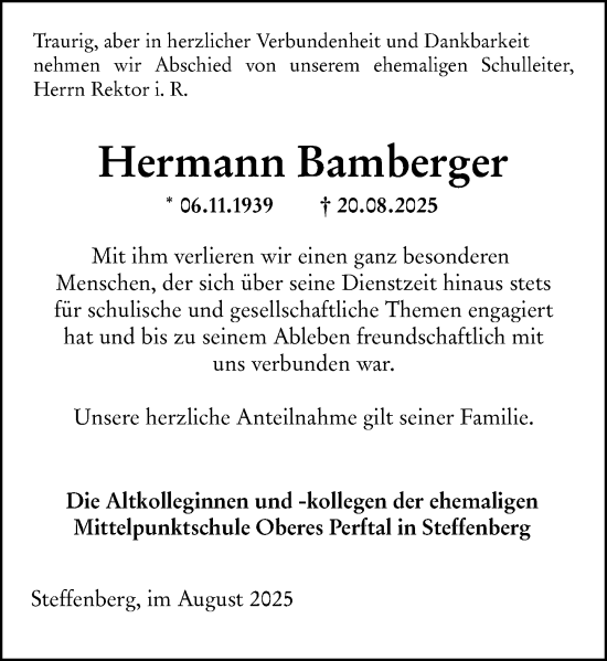 Traueranzeige von Hermann Bamberger von Hinterländer Anzeiger