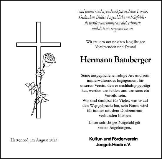 Traueranzeige von Hermann Bamberger von Hinterländer Anzeiger