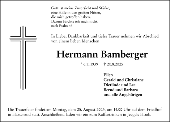 Traueranzeige von Hermann Bamberger von Hinterländer Anzeiger
