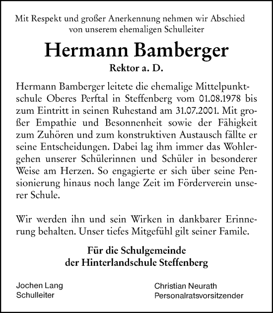 Traueranzeige von Hermann Bamberger von Hinterländer Anzeiger