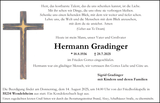 Traueranzeige von Hermann Gradinger von Allgemeine Zeitung Alzey