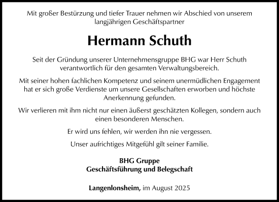 Traueranzeige von Hermann Schuth von Allgemeine Zeitung Rheinhessen-Nahe