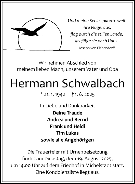 Traueranzeige von Hermann Schwalbach von Odenwälder Echo