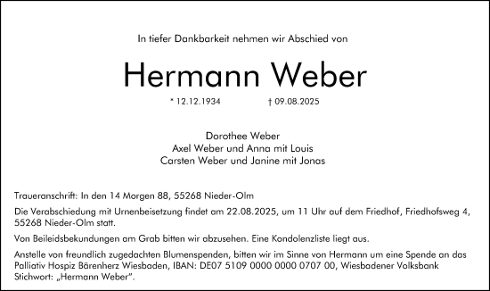 Traueranzeige von Hermann Weber von Allgemeine Zeitung Rheinhessen-Nahe