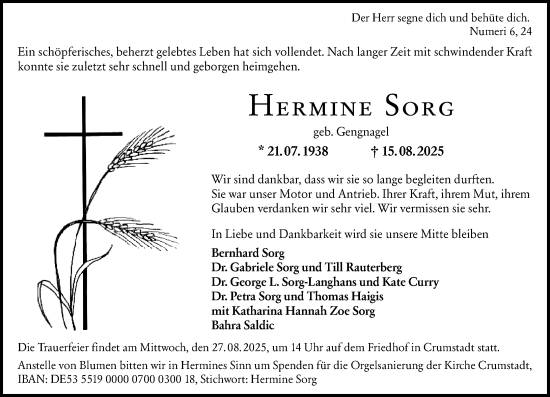 Traueranzeige von Hermine Sorg von Darmstädter Echo