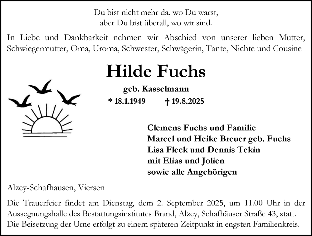  Traueranzeige für Hilde Fuchs vom 23.08.2025 aus Allgemeine Zeitung Alzey