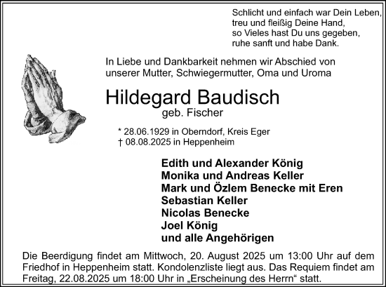 Traueranzeige von Hildegard Baudisch von Starkenburger Echo