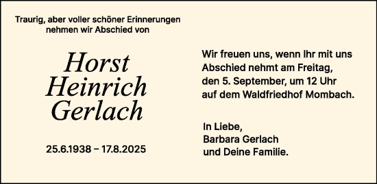Traueranzeige von Horst Gerlach von Allgemeine Zeitung Mainz