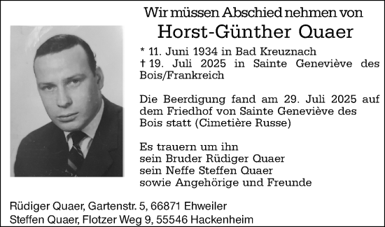 Traueranzeige von Horst-Günther Quaer von Allgemeine Zeitung Rheinhessen-Nahe