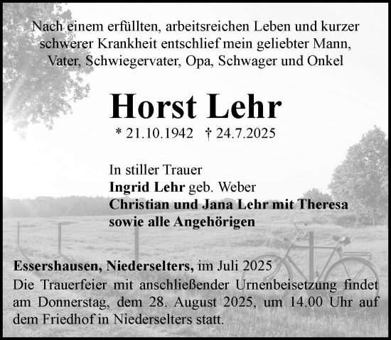 Traueranzeige von Horst Lehr von Weilburger Tageblatt