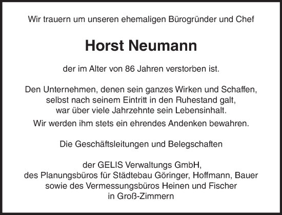 Traueranzeige von Horst Neumann von Dieburger Anzeiger/Groß-Zimmerner Lokal-Anzeiger