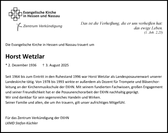 Traueranzeige von Horst Wetzlar von Darmstädter Echo