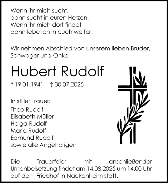 Traueranzeige von Hubert Rudolf von Allgemeine Zeitung Mainz