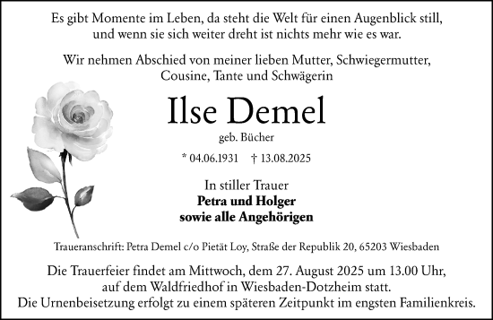 Traueranzeige von Ilse Demel von Wiesbadener Kurier