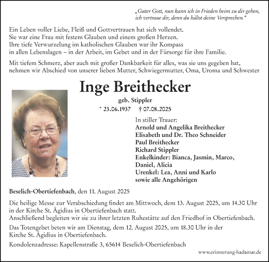 Traueranzeige von Inge Breithecker von Nassauische Neue Presse