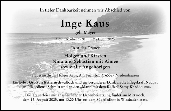 Traueranzeige von Inge Kaus von Wiesbadener Kurier