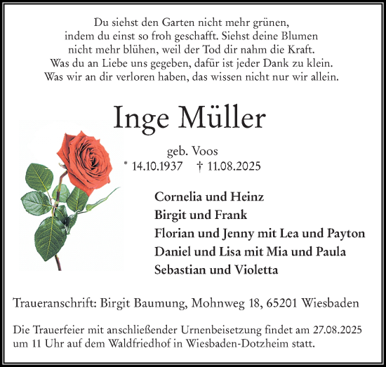 Traueranzeige von Inge Müller von Wiesbadener Kurier