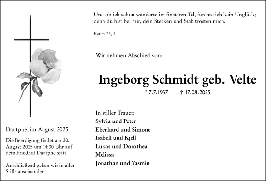 Traueranzeige von Ingeborg Schmidt von Hinterländer Anzeiger