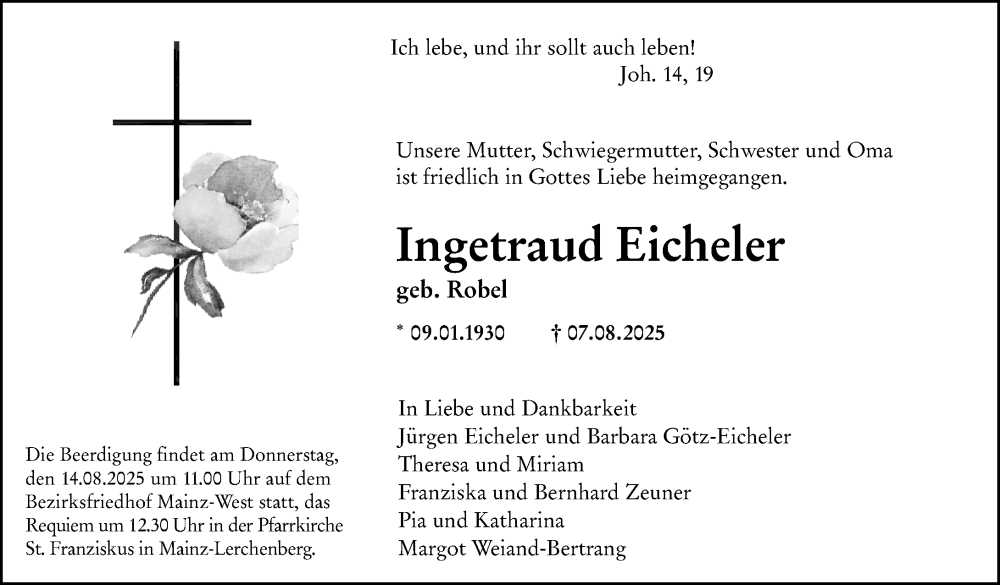  Traueranzeige für Ingetraud Eicheler vom 09.08.2025 aus Allgemeine Zeitung Mainz