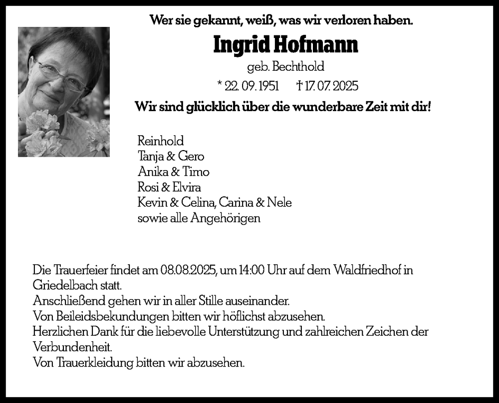  Traueranzeige für Ingrid Hofmann vom 04.08.2025 aus Wetzlarer Neue Zeitung