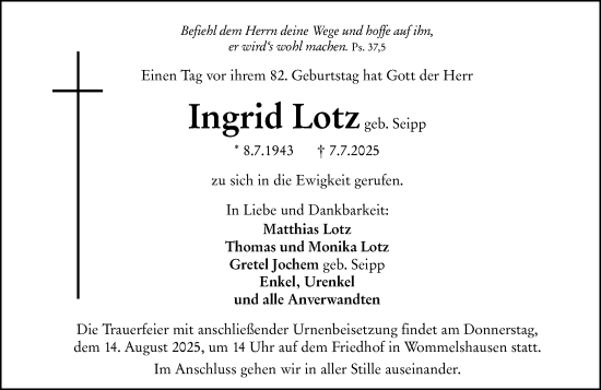 Traueranzeige von Ingrid Lotz von Hinterländer Anzeiger