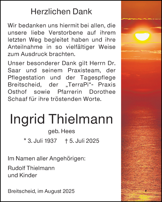 Traueranzeige von Ingrid Thielmann von Dill Block