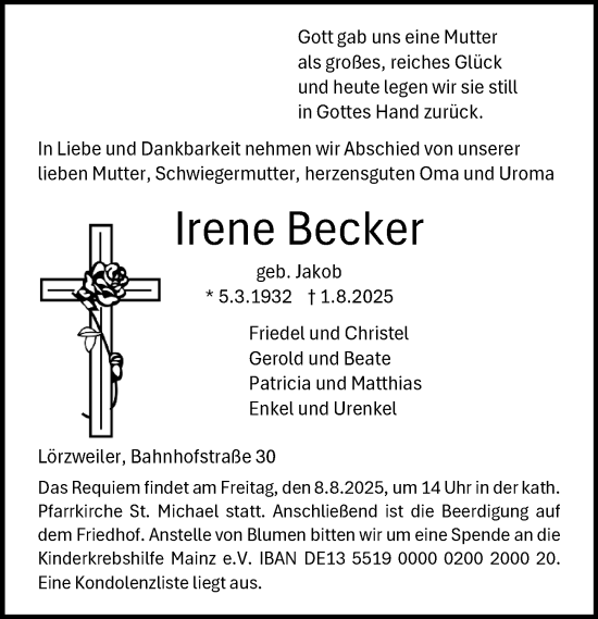 Traueranzeige von Irene Becker von Allgemeine Zeitung Mainz
