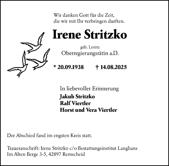 Traueranzeige von Irene Stritzko von Wiesbadener Kurier