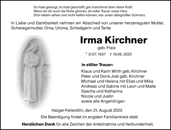 Traueranzeige von Irma Kirchner von Dill Block