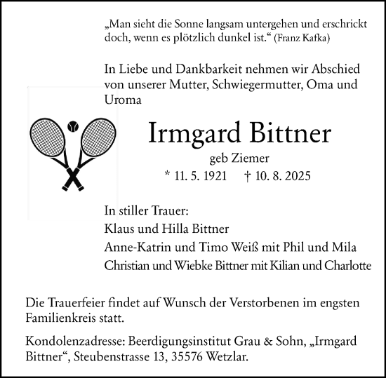 Traueranzeige von Irmgard Bittner von Wetzlarer Neue Zeitung