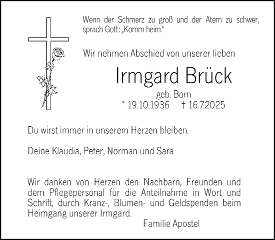 Traueranzeige von Irmgard Brück von Hochheimer Zeitung